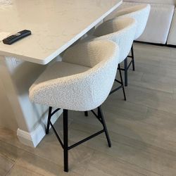 Set Of 3 Teddy Sherpa White Bar Stools, 26” Counter Height Bar Stools, 3pc 