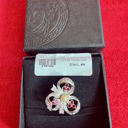 VERSACE PEARL RED STONE SILVER TONE BROOCH PIN Italy SHAMROCK BOW RIBBON ** The ONLY 1 You Can Find ** STORE CLOSING ... more Items Will Be Added