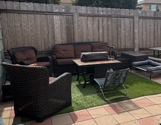Wicker outdoor 5 piece furniture set with gas fire pit and table