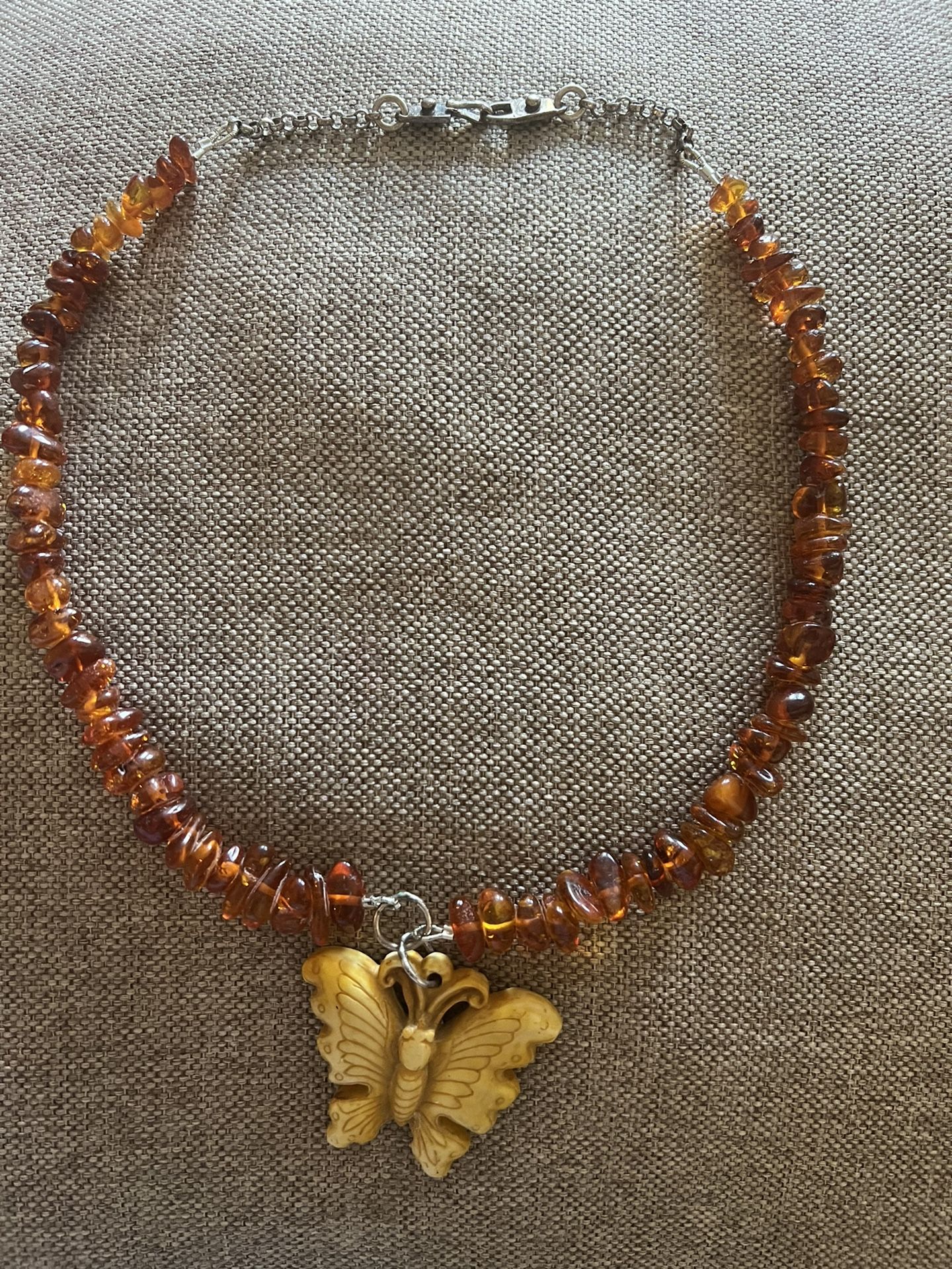 Vintage Real Amber Sterling Silver Clasp Carved Butterfly Necklace