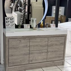 60” Freestanding Rustic Gray Hotel Design Double Sink Bathroom Vanity