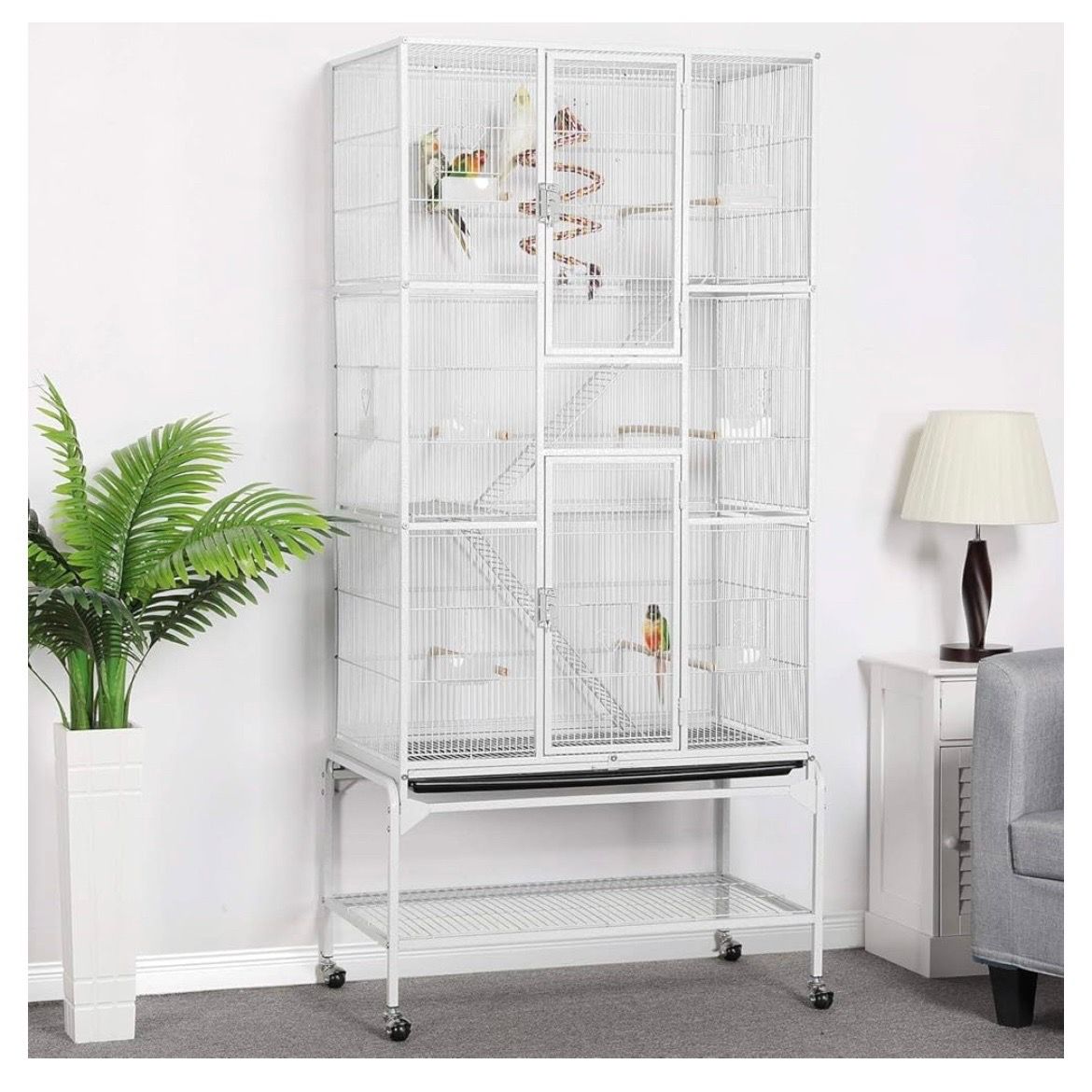69'' Extra Large Bird Cage Metal Parrot Cage w/Detachable Stand for Mid-Sized Parrots Cockatiels Conures Parakeets Lovebirds Budgie Finch, White