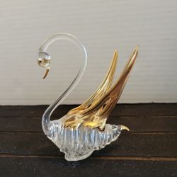 Vintage Miniature Swan Woven Spun Glass Body & Gold Accents 3"x2.5"