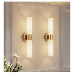 Meybiok Hardwired Wall Sconces Set of Two, Modern Bathroom Sconces Wall Lighting with Milky White Glass, Brushed Gold