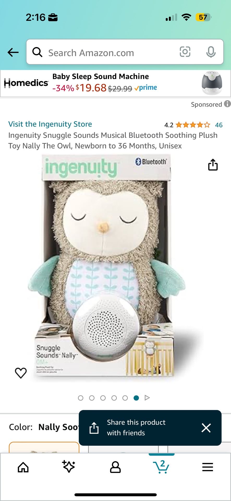 NEW Ingenuity Snuggle Sounds Musical Bluetooth Soothing Plush Toy Nally The Owl, Newborn to 36 Month