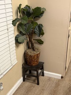 Faux plant with wood stand