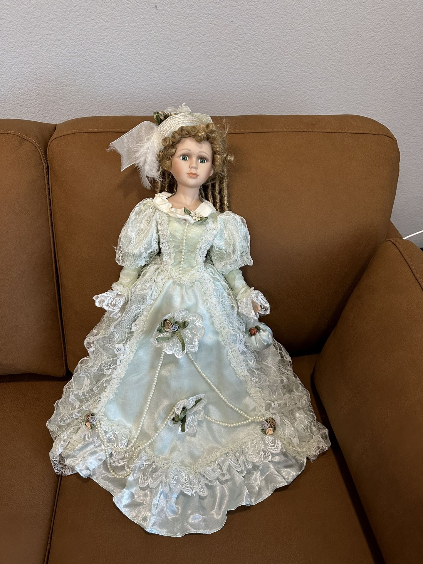 Vintage Porcelain Doll - Mint Green Victorian Dress (As-Is)