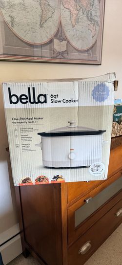 Brand-new Bella 6 quart slow cooker, one pot meal maker, six quart capacity feed 7+