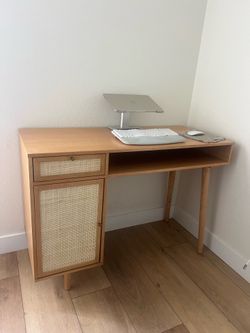 Nathan James Boho Vanity Desk with Storage Warm Pine Rattan: Modern Farmhouse Design, Gold Hardware, Cable Management