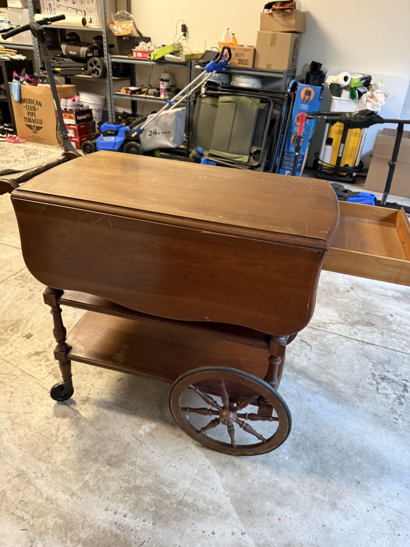 Vintage Wooden Tea Cart / Serving Cart Beautiful vintage wooden tea cart with drop-leaf sides, large