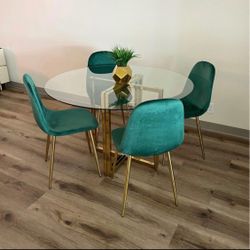 Dark Green Gold Big Round Glass Dining Room Set