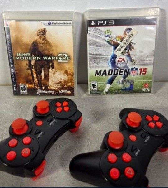 Two Wireless Controllers For PS3 and Two Playstation 3 Games.
- Call of Duty Modern Warfare 2 PS3
- Madden 15 NFL PS3