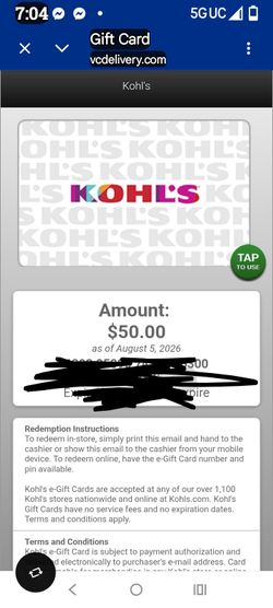 Kohls  and UberEgift cards $75