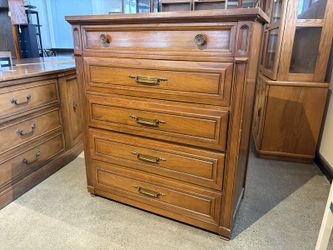 HUNTLEY QUALITY FURNITURE Vintage Wooden Tallboy Dresser with Brass Pulls