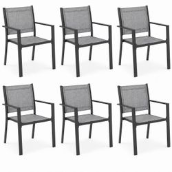6-Piece Outdoor Patio Dining Chairs Set – Stackable Gray Mesh Chairs