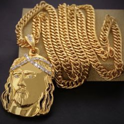 ✅Hip Hop Gold Cuban Chain With Alloy And Bling Rhinestone Jesus Pendant and chain 24inch 