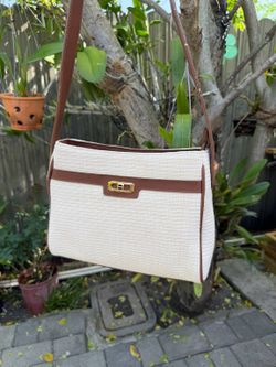 Etienne Aigner Ivory Woven Shoulder Bag Brown Faux Leather Trim Gold Logo Zip Top