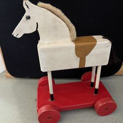 Vintage/Antique Folk, Art Pull Toy Horse. 12” Tall, 5.5 Inches Wide, 8.5 Inches Long.