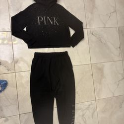 Pink Rhinestone Cropped Hooped And Jogger Set