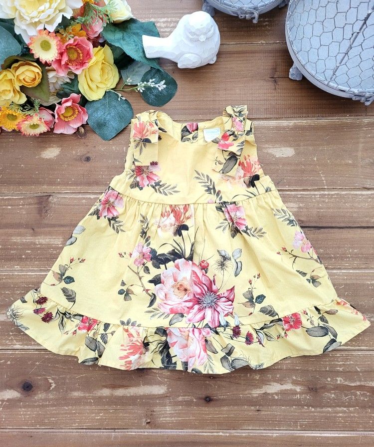 12MOS 2-PIECE SET BOUTIQUE SLEEVELESS MUSTARD YELLOW MULTICOLOR FLORAL BOW STRAP SHOULDER RUFFLE HEM COTTON DRESS W/DIAPER COVER