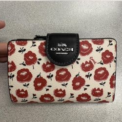 Coach Medium Corner Zip Wallet – Floral Print – Leather – Authentic