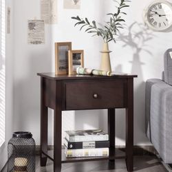 Table with Drawer and Shelf, Small Nightstand with Solid Wood Legs, Accent Table Sofa/Bed Side Table for Living Room, Bedroom (Espresso)