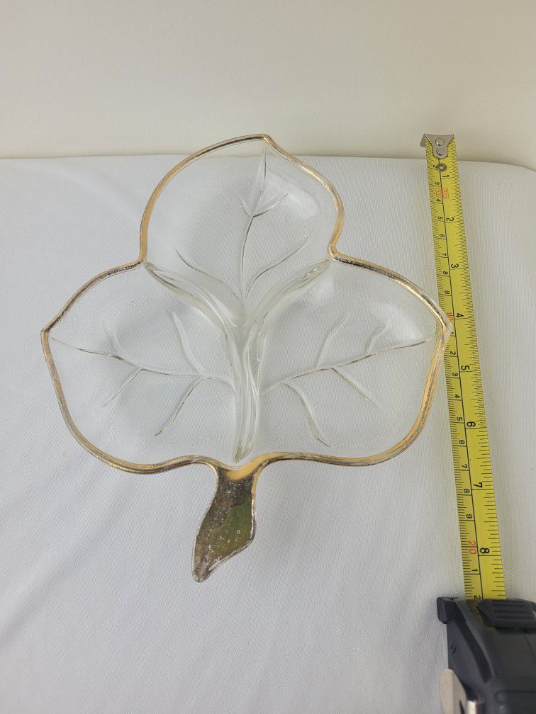Vintage Gold Plated Clear Glass Leaf Shaped Deep Plate Three Sections Petals