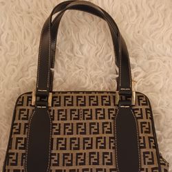 FENDI Logo Zucchino Pattern Handbag Canvas Leather Trimmed Mini Tote Navy Blue Silver 