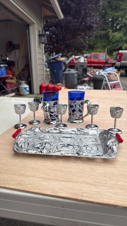 Vintage Japanese Dragon Barware Set with Cobalt-Blue Glass and Tray