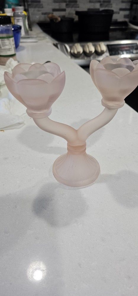 Vintage Pink Satin Frosted Glass Candle Double Holder