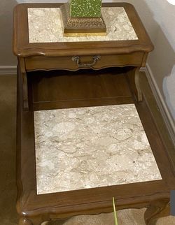 Vintage Two-Tier Wood Step End Table with Marble Inlay