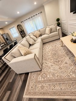 Large Beige Fabric Sectional Sofa with Nailhead Trim