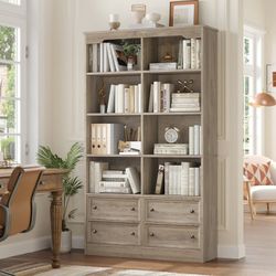 Double Row 6 Tier Bookcases, 71 in Tall Bookcase Bookshelf with 4 Drawers and 8 Display Cubicles, for Home Office Living Room, Gray
