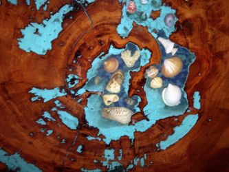 Table handmade Cypress table and inlaid with turquoise paint and seashells