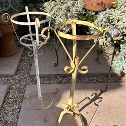 Vintage Lot 2- Scrolled Metal Plant Stand Rustic Pedestal Tiered French Weathered Iron Garden MCM Mid Century Antique Collectible Ornate Rare 