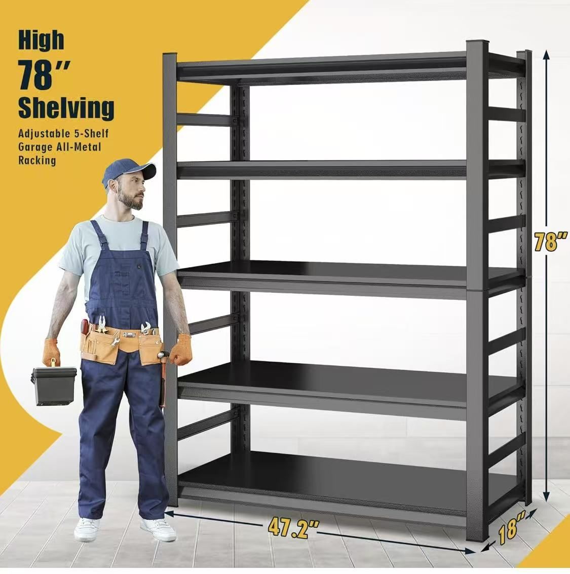 ✌️ 47.2”Wx18”Dx78"H Metal Garage Shelving Heavy Duty, 5-Tier Adjustable Storage Shelves Easy to Assemble, Shelving Racks for Storage,Ideal