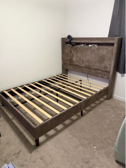 Queen Corduroy Upholstered Platform Bed with Charging Headboard
