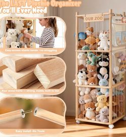 Large Stuffed Animal Storage, Wood Stuffed Animal Zoo with Brake Wheels and Hanging Storage Net, Space Save Toy Organizer, Large Capacity Stuffed Anim