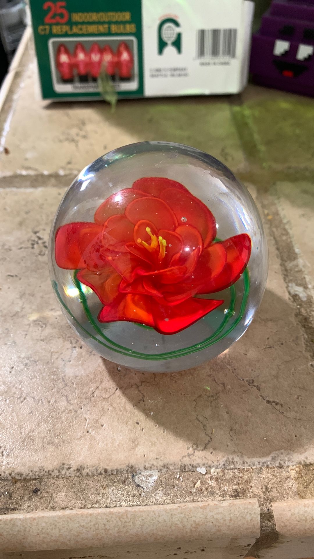 Vintage Art Glass Red Rose Paperweight