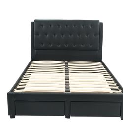 New Black Bonded Leather Queen Platform With Storage Drawers. Mattress Is Not Included!!!