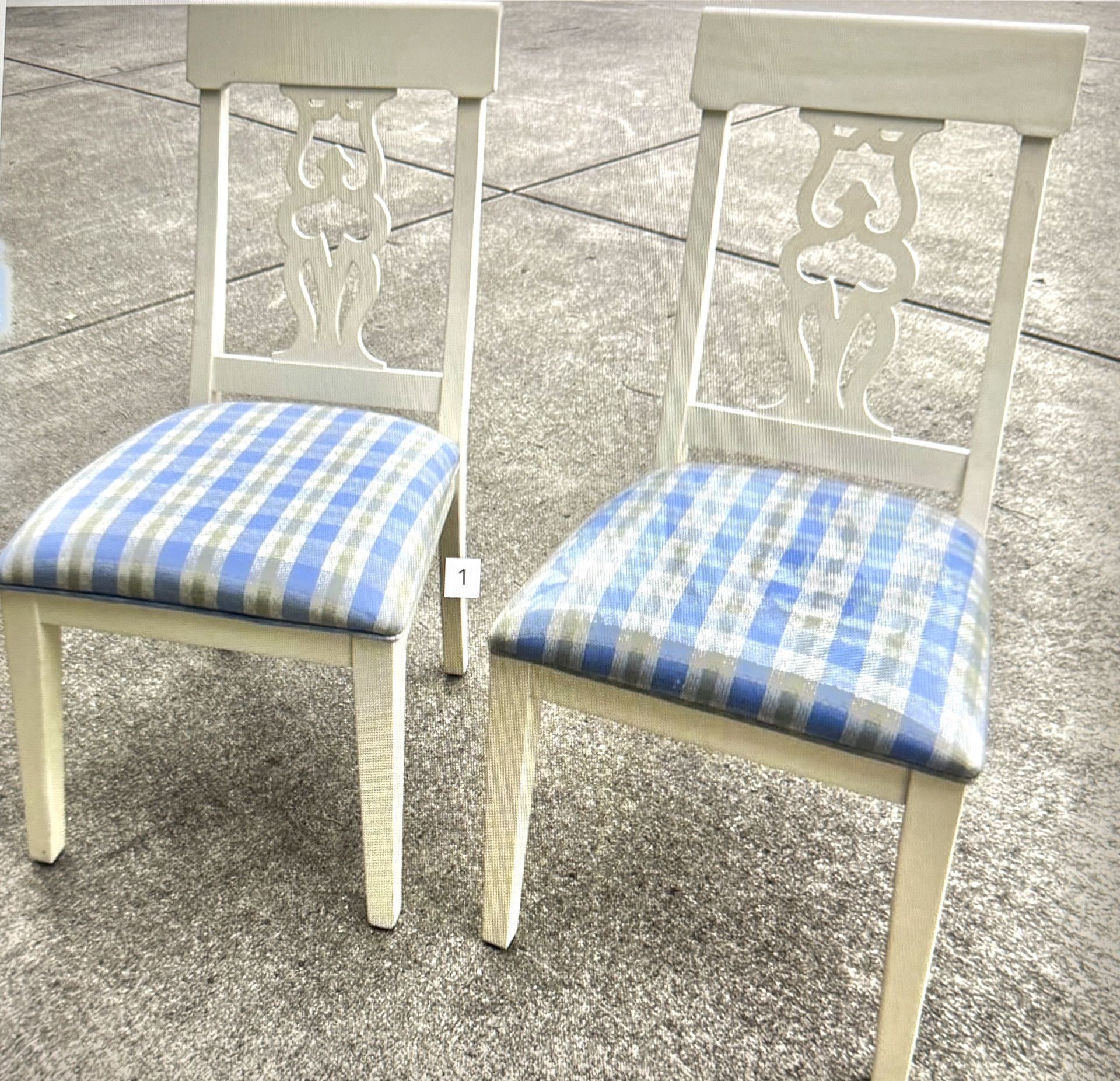 2 Dining Chairs White With Blue Plaid