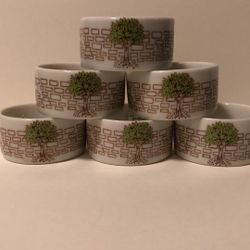 Collectible SHAFFORD PORCELAIN NAPKIN RINGS, Set of 6, Tree & Brick Wall, with Box JAPAN 