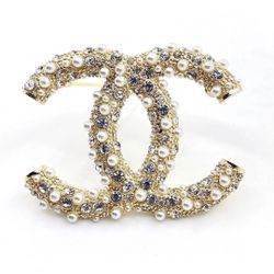 Crystal And Pearl Double C Brooch Stamped 