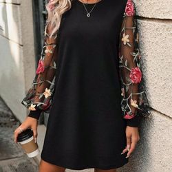 Floral Sleeved Black Dress 