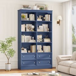 6-Tier Standard Bookcase with 4 Drawers， Navy blue bookcase