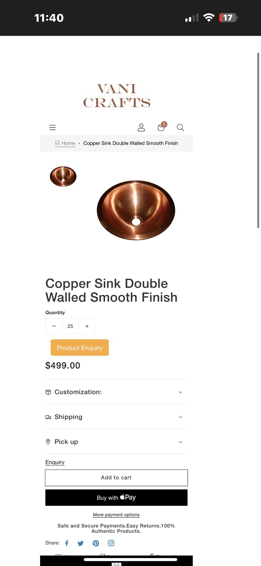 Copper Sink Double Walled Smooth Finish