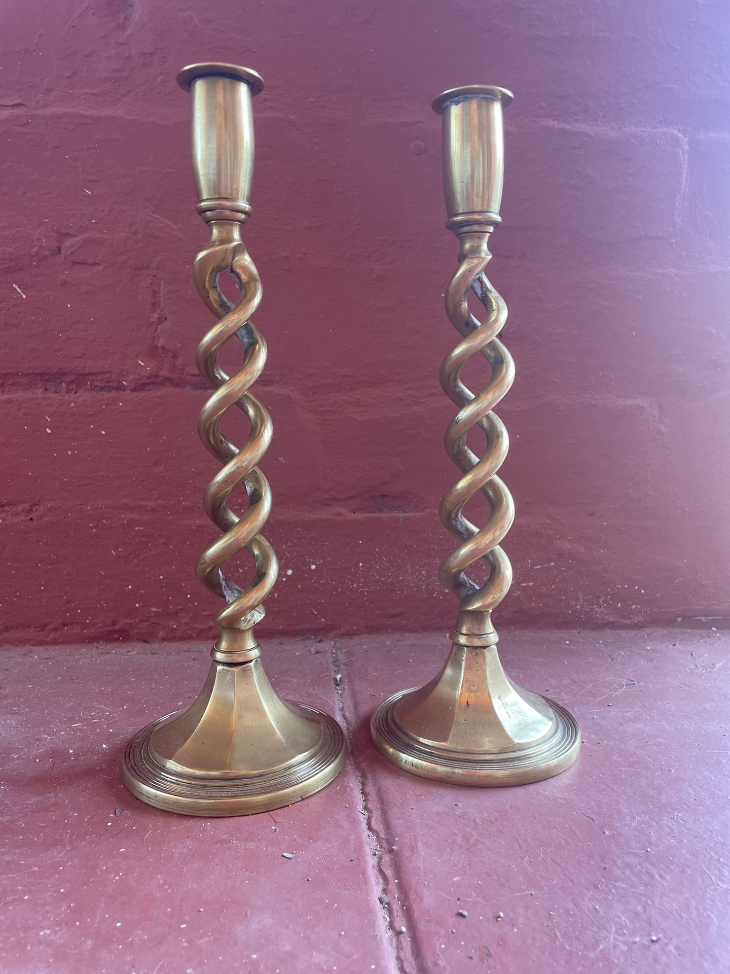 Pair of late Victorian English 12" Solid Brass Open Barley Twist Candlesticks
