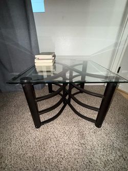 Modern Glass Coffee Table – Black Curved Metal Base