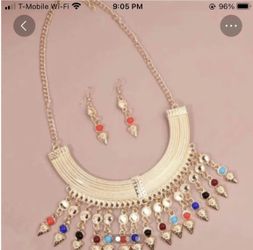 Colorful Stone Tassel Charm Gold Plated Set Necklace and Earrings