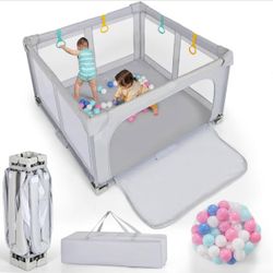 Costzon Foldable Playpen for Babies, 50''x50'' Portable Baby Play Pen with 50 PCS Ocean Balls